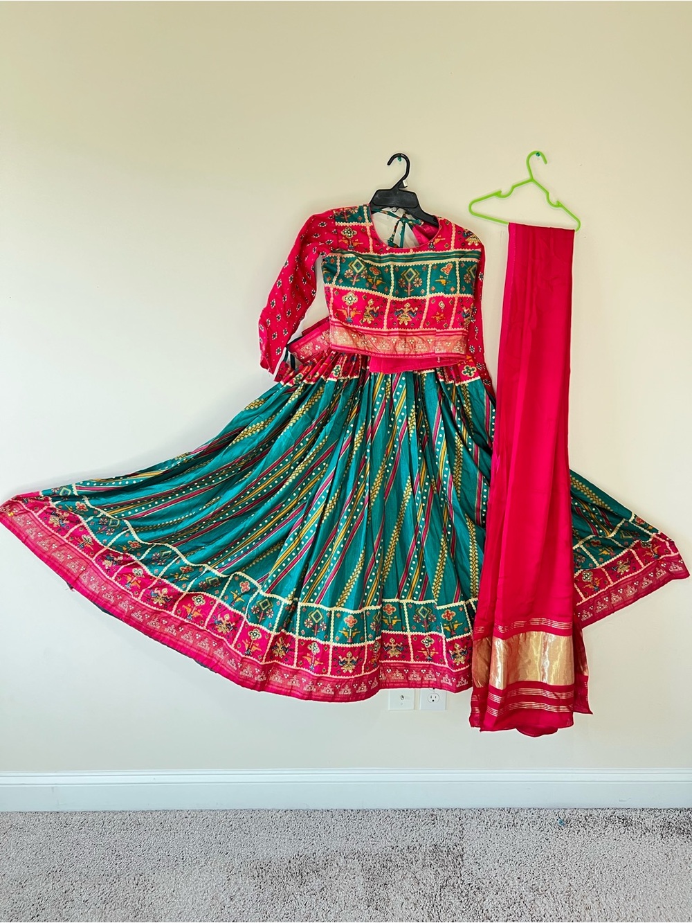 Traditional Teal and Pink Gaji Silk Chaniya Choli/Legenga Dress with Pink Dupatt